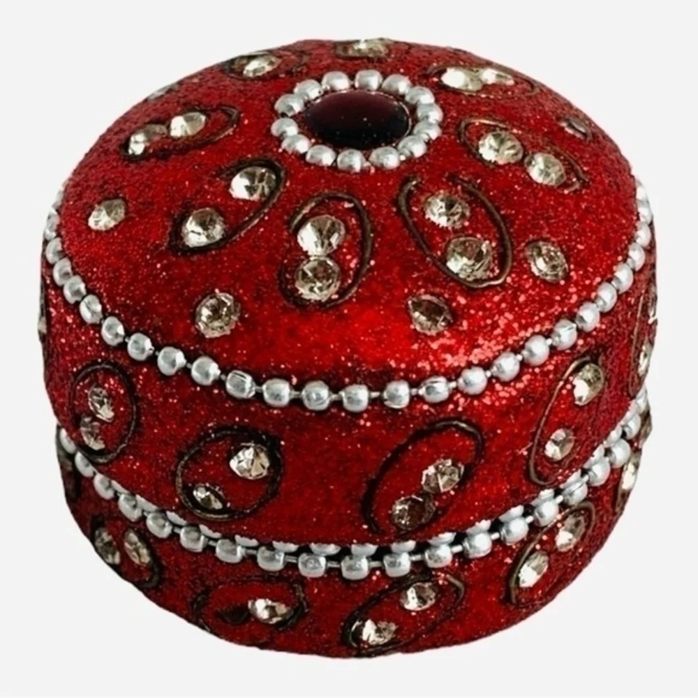 Handmade Rhinestone Beaded Travel Tea Light Candle Holder Tin Box 1.75 Red New